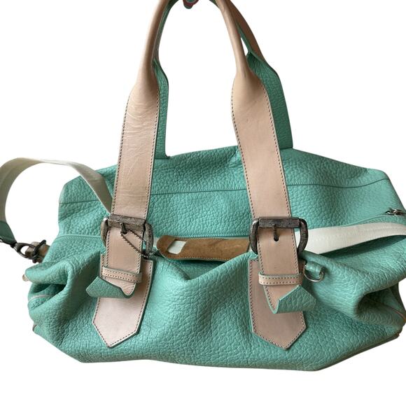 i santi Leather Duffel Bag Light Green Mint Light Pink Travel 20"x8"x8.5" - Picture 1 of 16